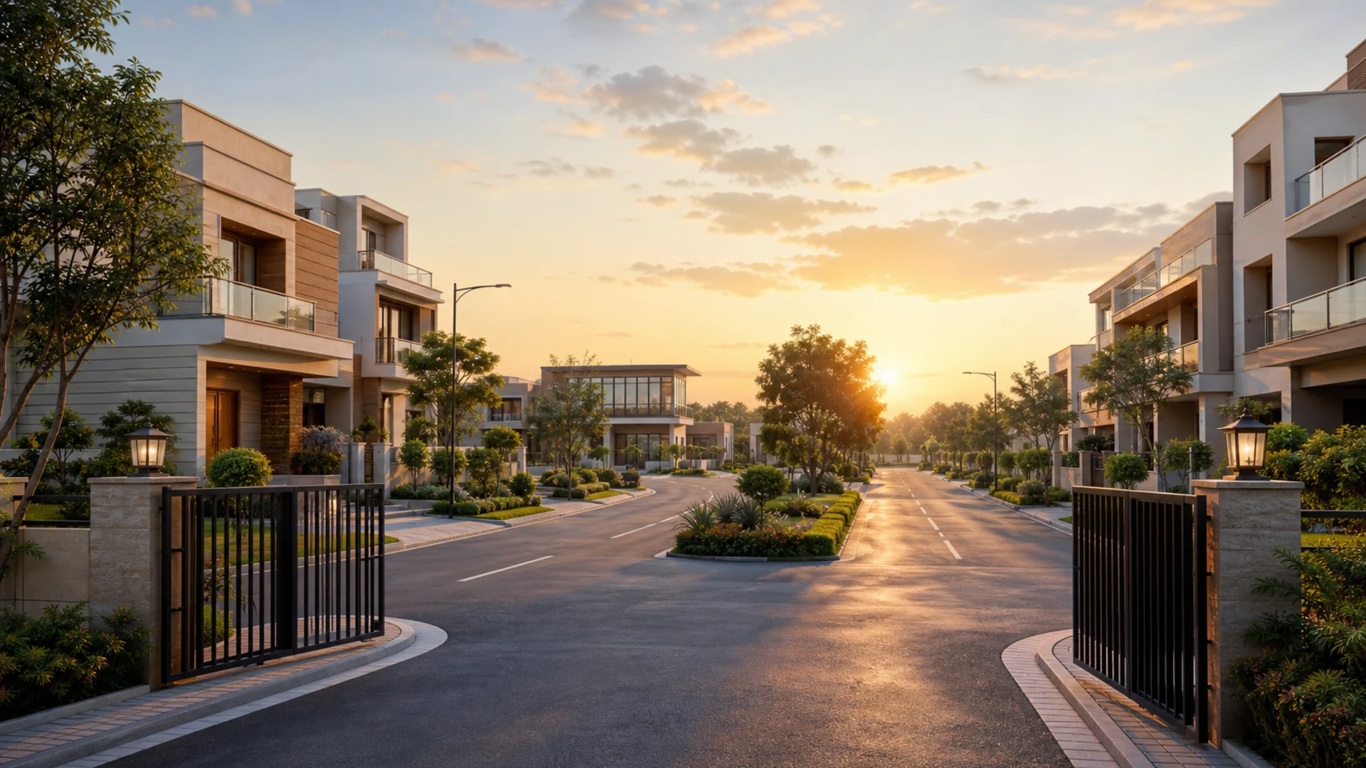 Motia Sunrise Avenue gated township street view at sunrise
