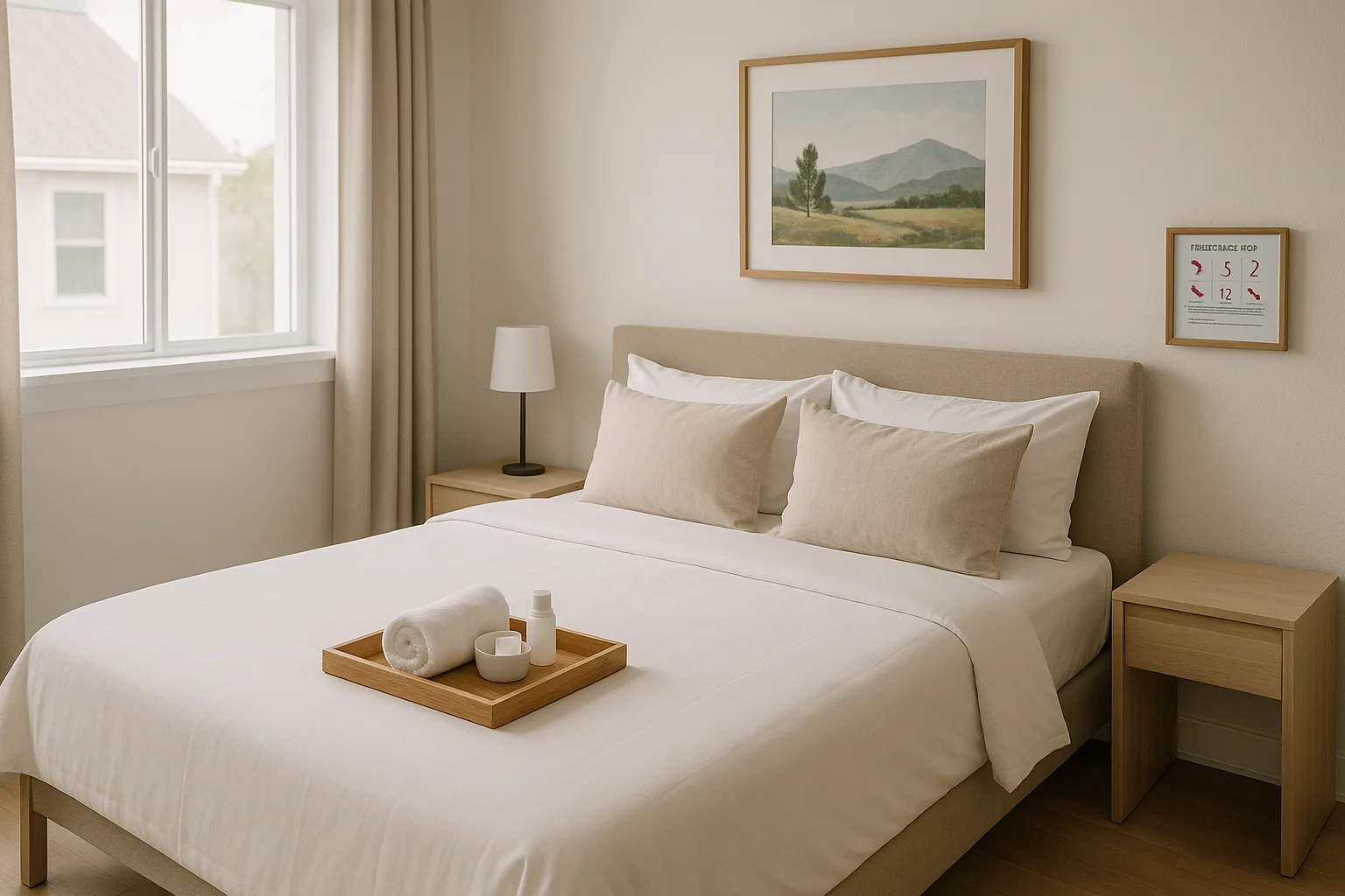 Neutral, well‑lit guestroom prepared for a homestay with visible safety card and emergency numbers.